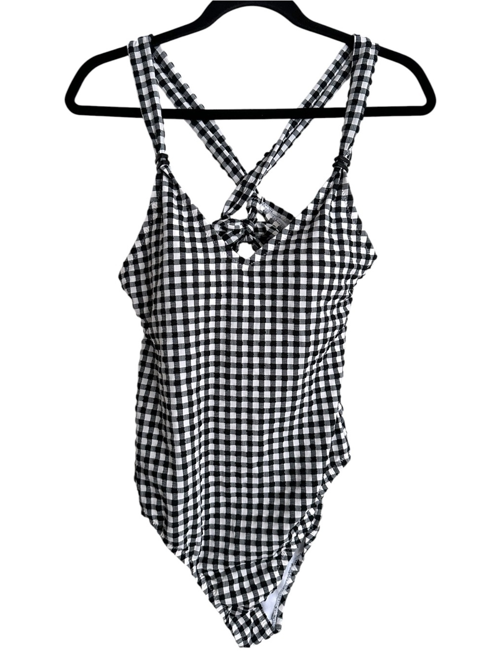 NWT JESSICA SIMPSON Black White Gingham One Piece Swimsuit M Textured Tie Back